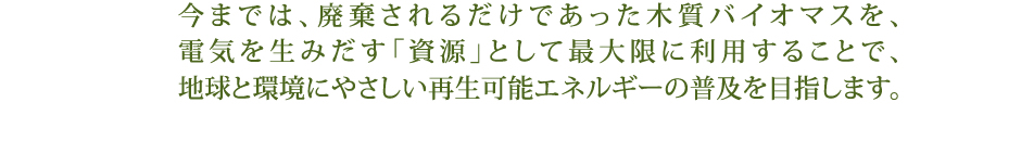 今までは、廃棄されるだけであった木質バイオマスを、電気を生みだす「資源」として最大限に利用することで、
地球と環境にやさしい再生可能エネルギーの普及を目指します。